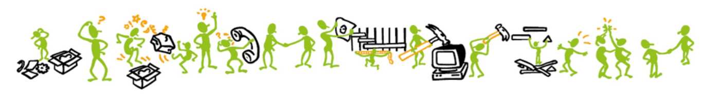 Illustrierte Figuren zeigen den Arbeitsablauf, von der Anfrage bis zur Fertigstellung